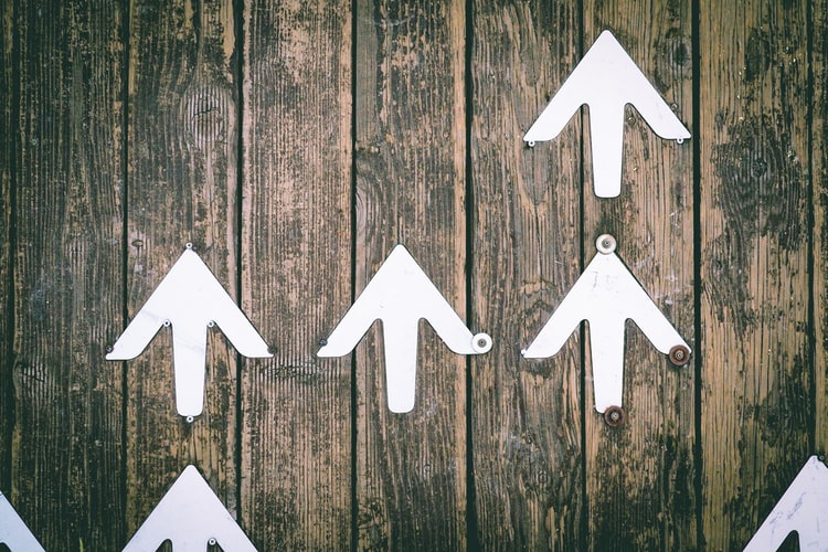 White arrows nailed to a wooden fence pointing upwards
