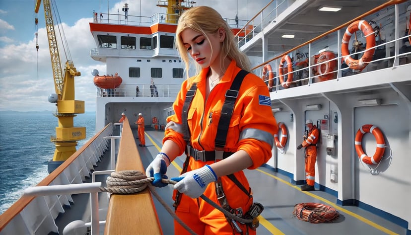 a young woman working in a seafarer job as a deck cadet on a ferry