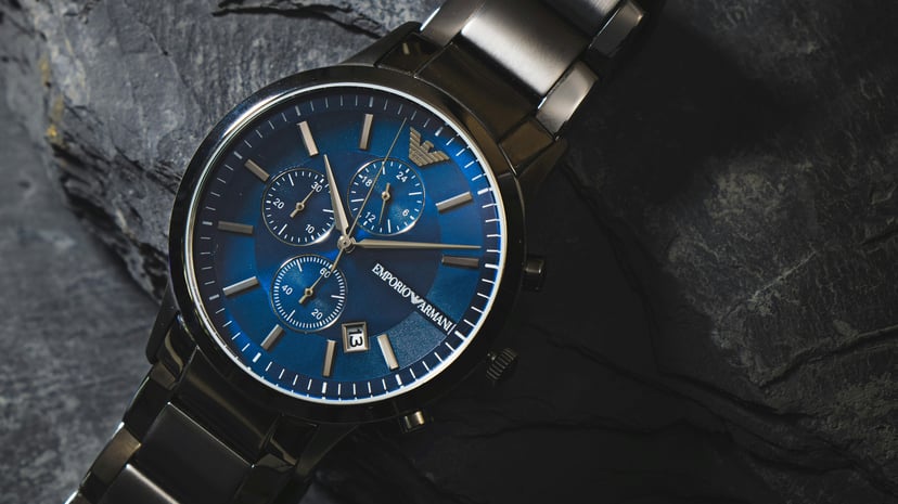 close up of an Armani branded wrist watch