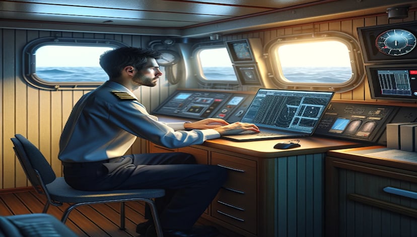 an officer using a laptop on the bridge of a vessel