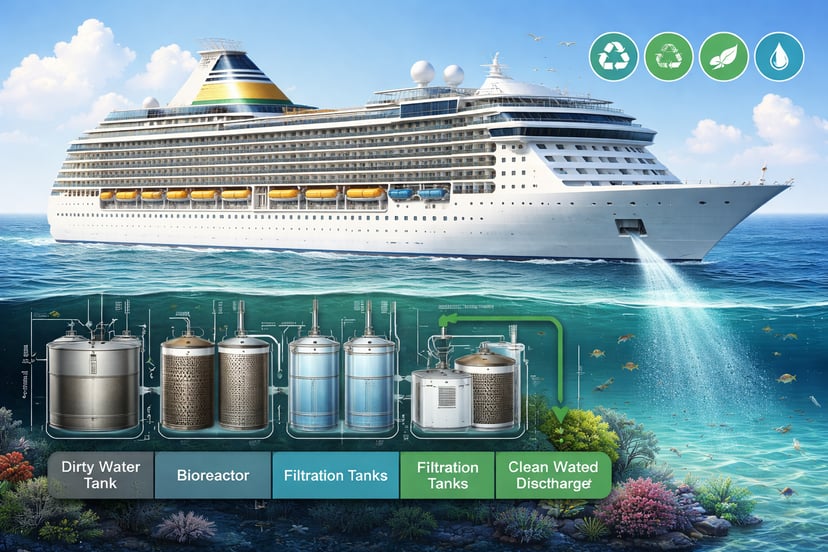 a cruise ship emitting clean water as it passes a coral reef with images of a water filtration system in the foreground