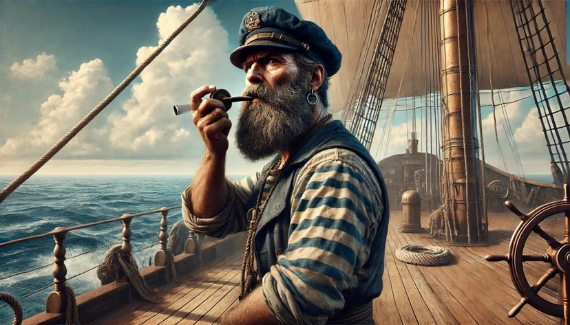 a seafarer of yore on a sailing ship blowing a whistle