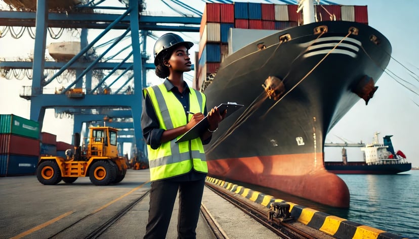 a woman in safety gear with a clipboard standing on the dock next to a container ship