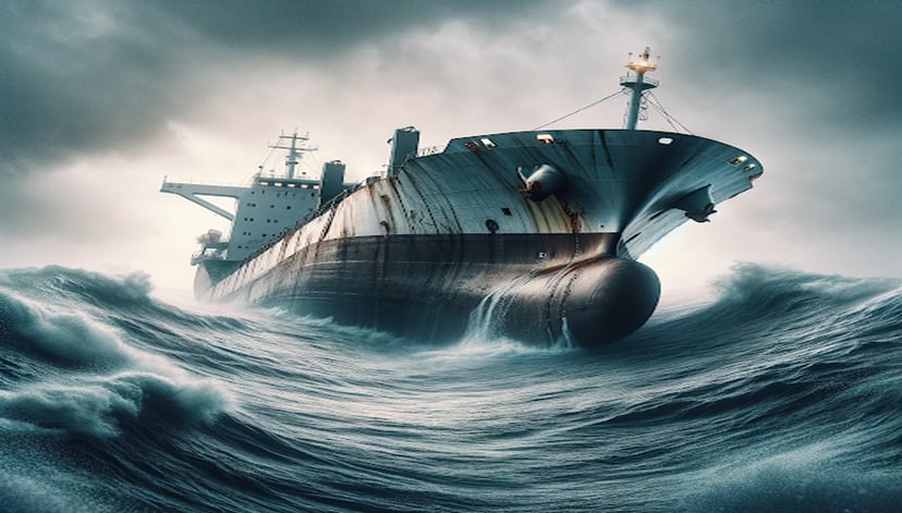A cargo ship sinking in rough seas