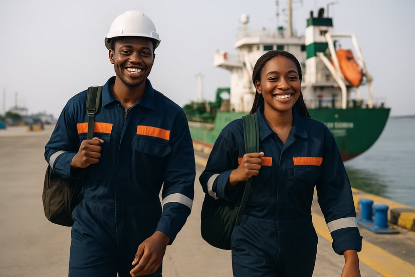 two smiling Nigerian seafarers walking down the dock towards their vessel