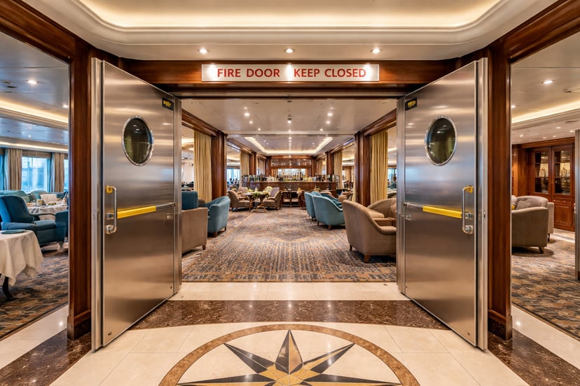 an interior lounge on a cruise ship with heavy fire doors