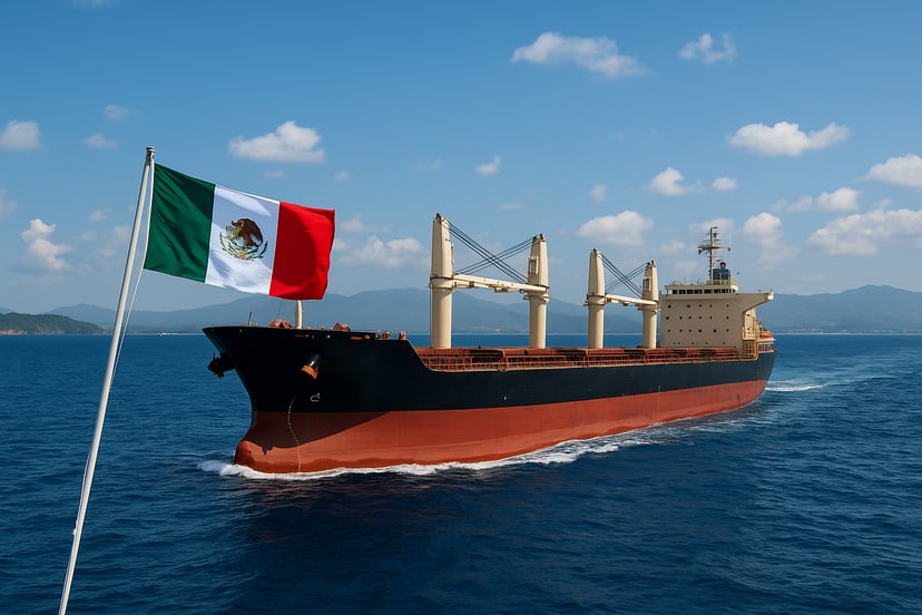 the flag of Mexico flying in front of a bulk carrier