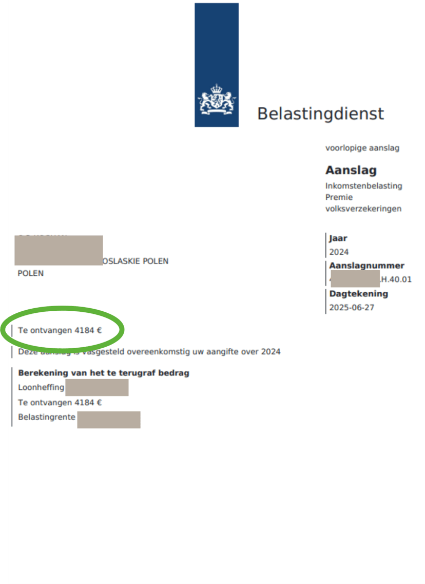 copy of a letter sent by Belastingdienst 