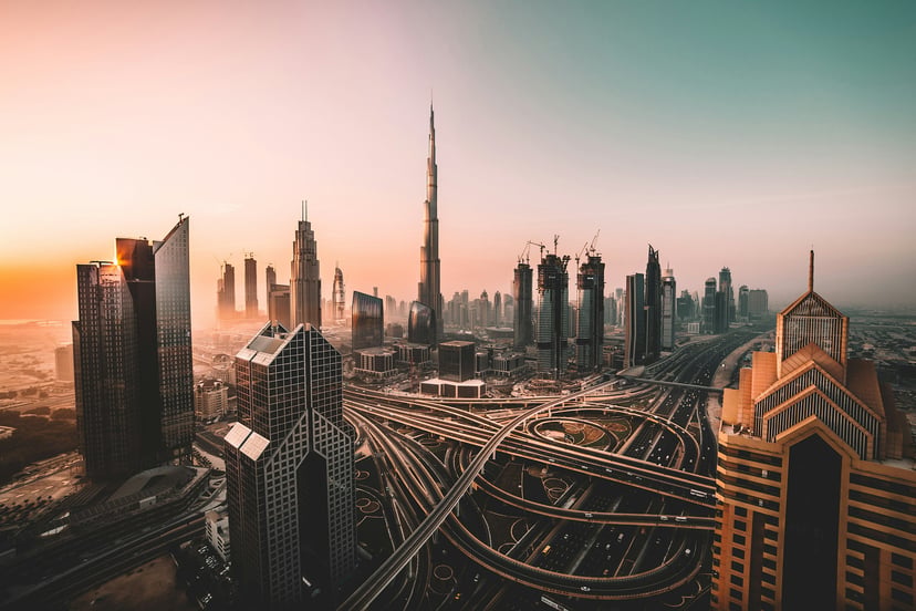 Downtown Dubai cityscape at sundwon
