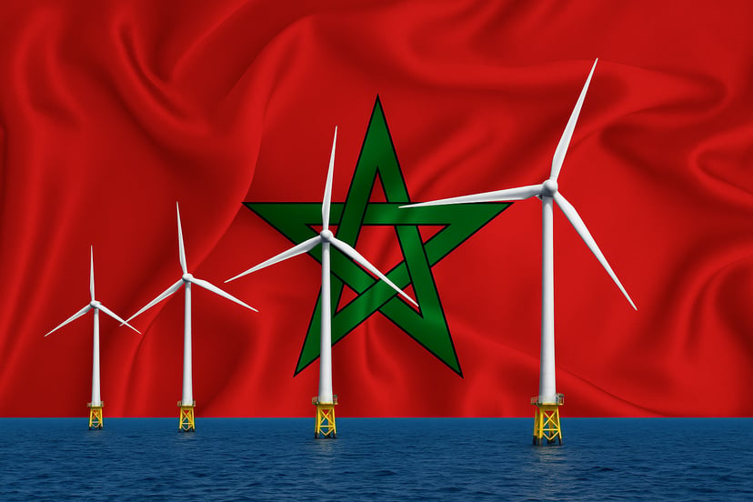 A wind farm in front of the Moroccan flag