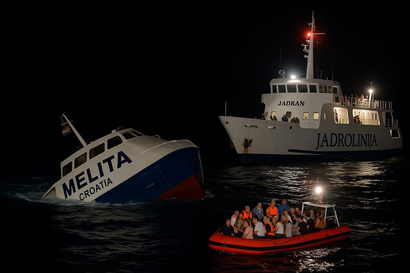 The Melita ferry sinking at night with a life raft dispatching passengers to shore