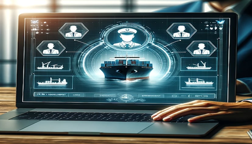 a laptop with vessels and users icons on the screen representing Martide's maritime crew management system
