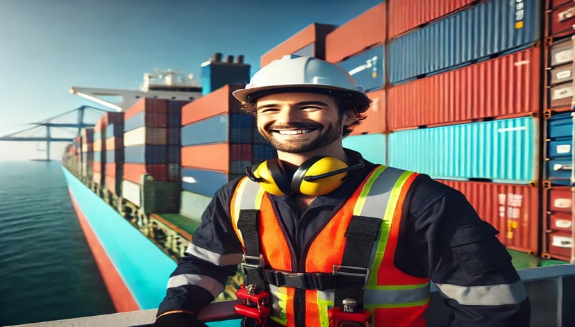 a man working in a seafarer job grinning proudly on the deck of a ship