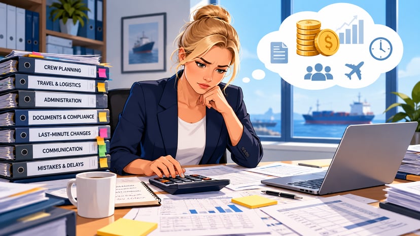 A woman looking stressed as she uses a calculator to try and work out the ROI of crew management software