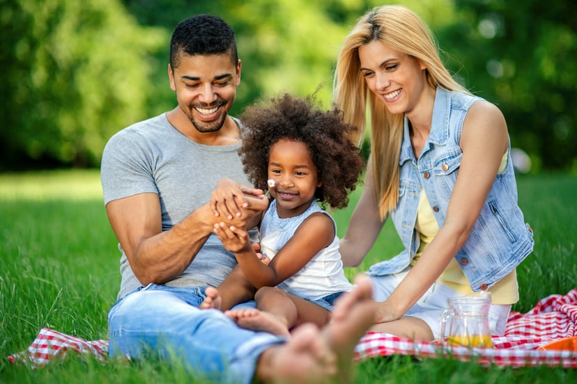 a family sitting on a blanket in a park