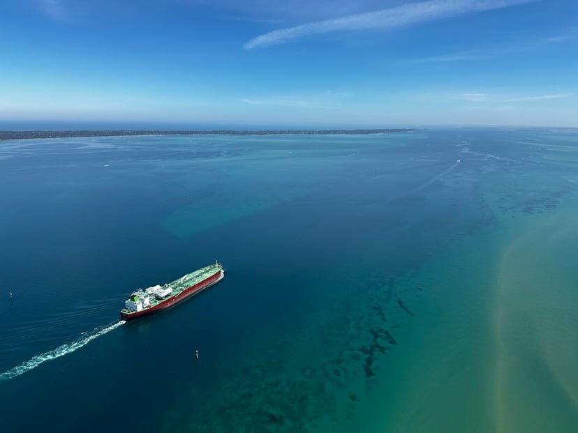 An aerial view of a tanker at sea