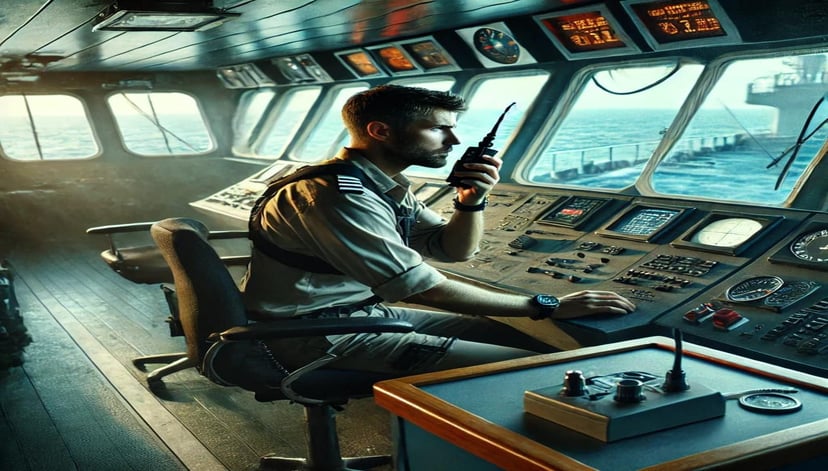 a ship's officer using a radio and adjusting controls in a ship's wheelhouse