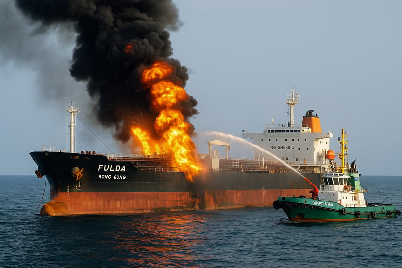 The tanker, the Fulda, on fire and being assisted by a tug