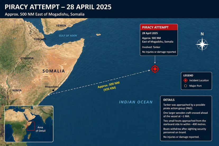 A map showing the location of a piracy attack off Somalia