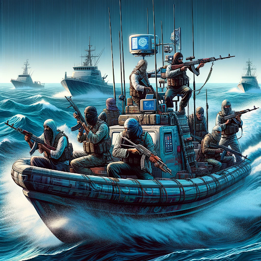 Pirates pointing guns at surrounding vessels
