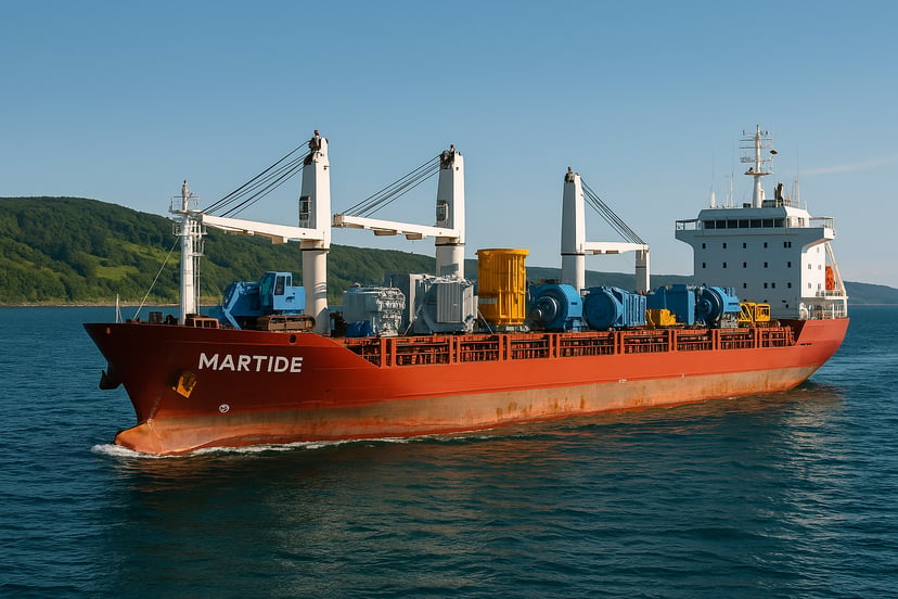 A break bulk carrier vessel with a cargo of machinery and equipment