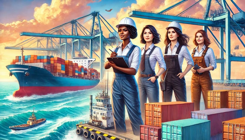 Four women, a container ship in port and shipping containers, representing women working in maritime 