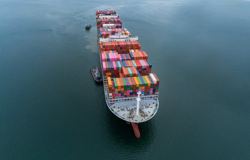 aerial view of a container ship showing the forecastle at the bow of the ship