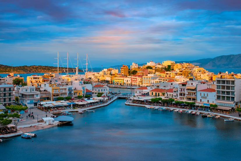The town and harbor at Agios Nikolaos, Crete at sundown