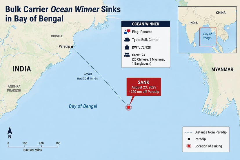 A map of the Bay of Bengal showing where the bulk carrier sank