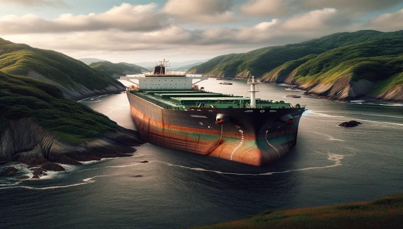 a cargo ship run aground in a narrow body of water