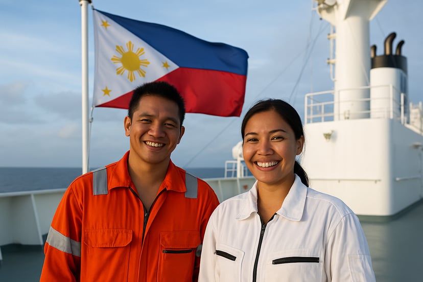 Smiling Filipino seafarers on the deck of a ship flying the flag of the Philippines