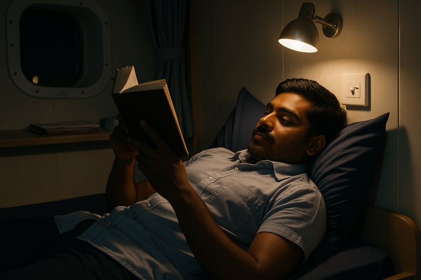 a seafarer lying on his bed reading at night