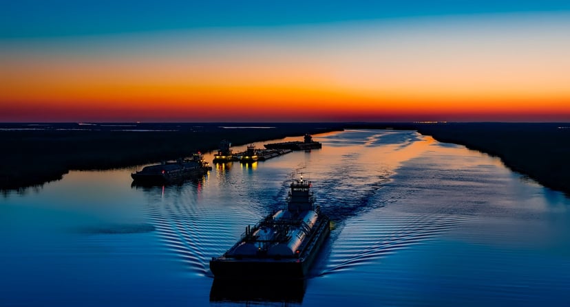 a chemical tanker sailing down a river at sunset 