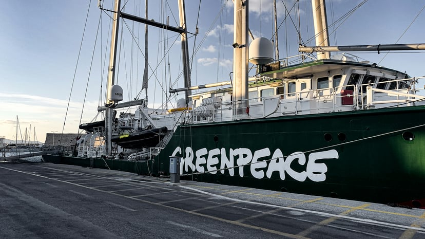 A Greenpeace vessel docked in a port