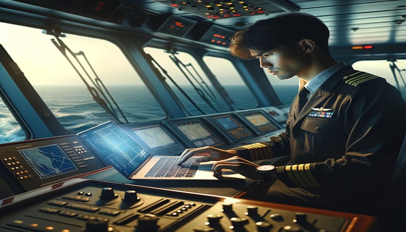 an officer using a laptop on the bridge of a ship
