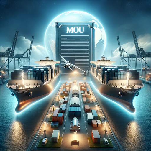 AI generated image of an MoU and container ships in a port