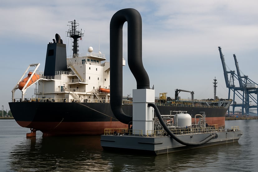 A cargo ship in a port fitted with a black exhaust pipe