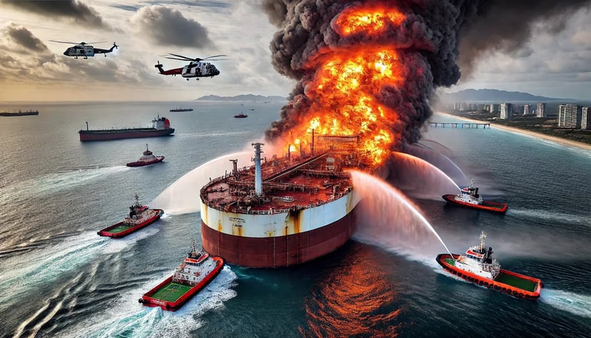 An oil tanker on fire being assisted by small boats and helicopters