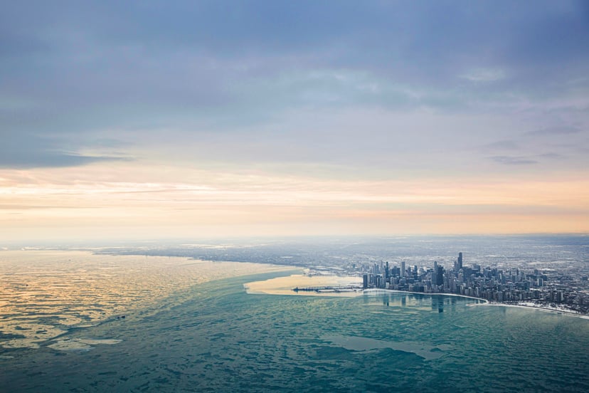 Chicago on the shores of Lake Michigan which is covered in ice