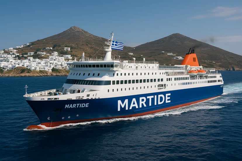 A passenger ship called Martide flying the flag of Greece and sailing past a Greek island