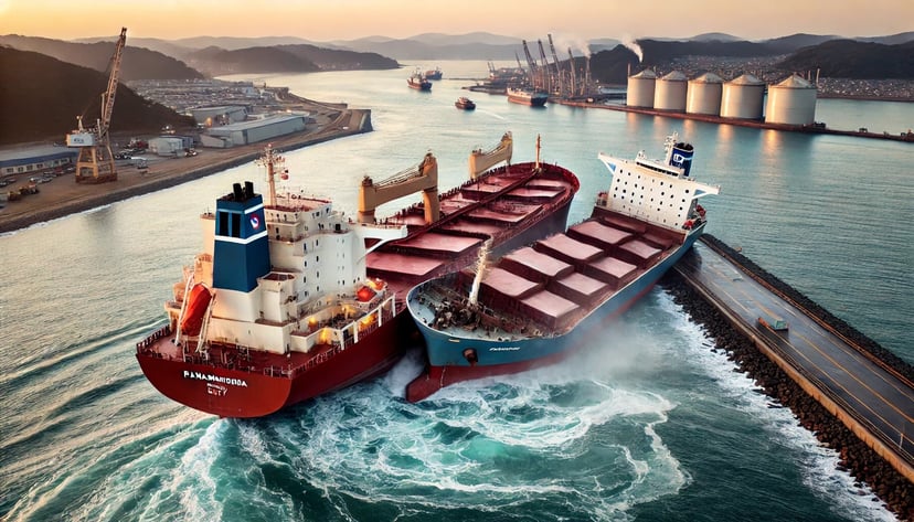 A collision between two cargo ships in port