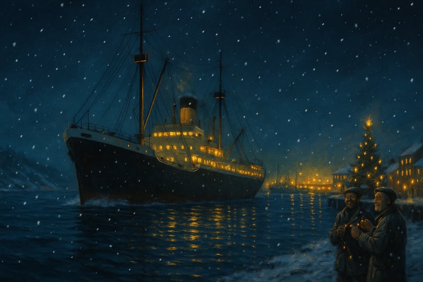 a 1950's cargo ship sailing into a snowy port that is brightly lit with glowing lights and a Christmas tree