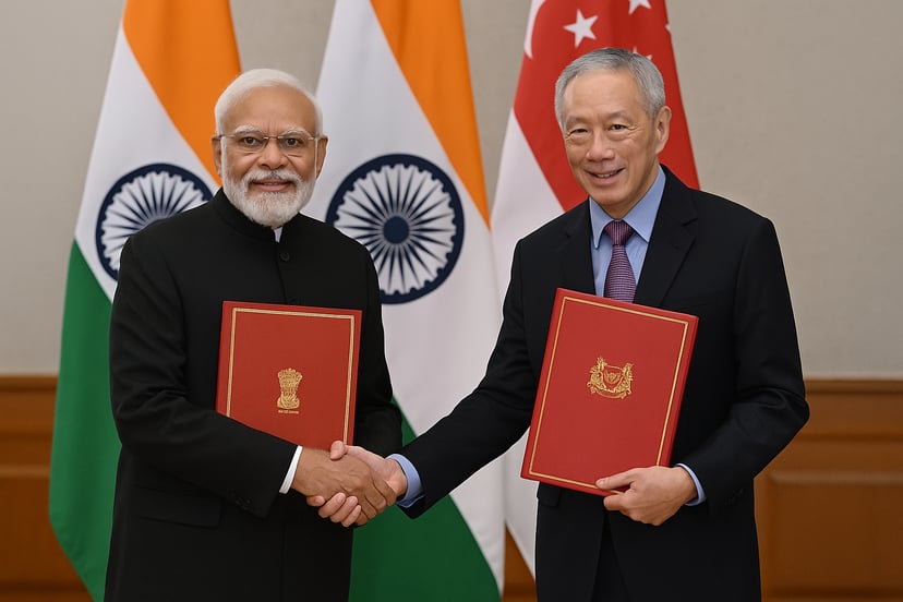 Two men shaking hands in front of the India and Singaporean flags