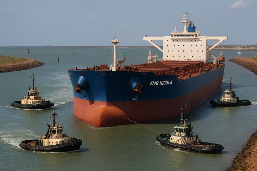 The FMG Nicola bulk carrier surrounded by tugboats in a port