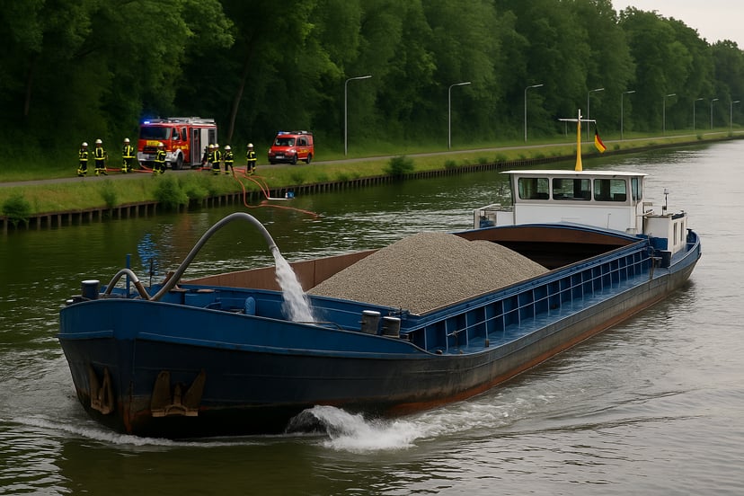Inland freighter pumping excess water out into canal