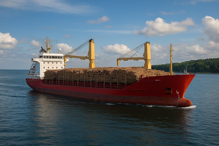 A break bulk carrier vessel with a cargo of timber