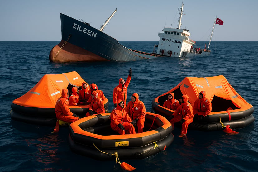 The cargo vessel Eileen sinking while crew are rescued in life rafts