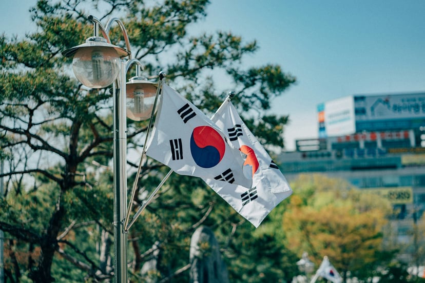 South Korean flags flying from lamposts