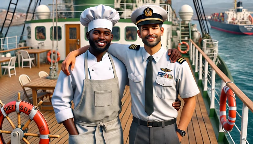 different maritime jobs: a ship's cook and a deck officer on the deck of a ship