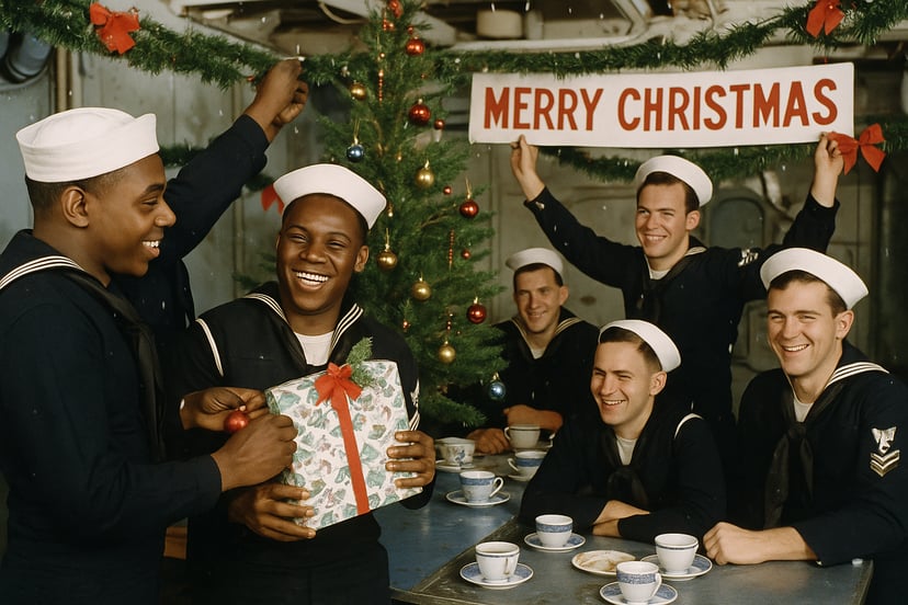 U.S. Navy seamen celebrating Christmas in their crew mess in the 1950s